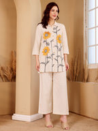 White Embroidered Sunflower Cotton Kurti Palazzo Set For Women