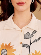White Embroidered Sunflower Cotton Kurti Palazzo Set For Women