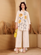 White Embroidered Sunflower Cotton Kurti Palazzo Set For Women