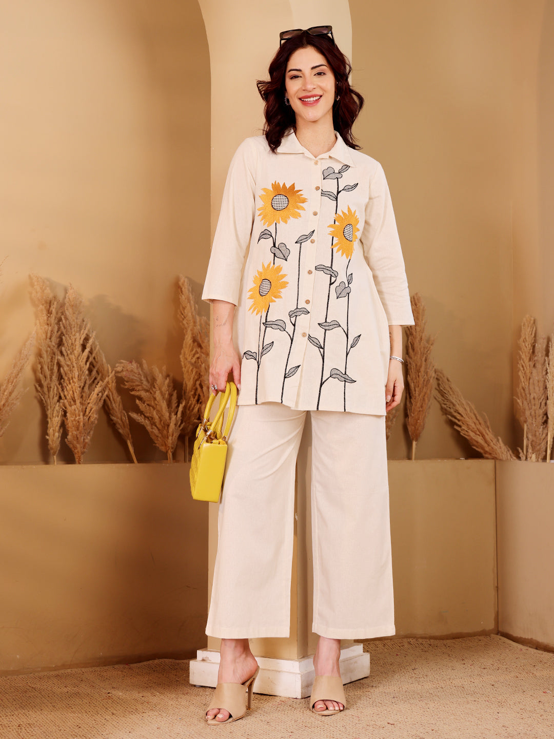White Embroidered Sunflower Cotton Kurti Palazzo Set For Women