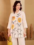 White Embroidered Sunflower Cotton Kurti Palazzo Set For Women