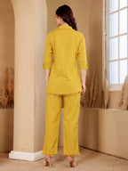Yellow Floral Embroidered Button Down Co-Ord Set With Fringe Detail