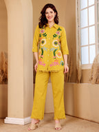 Yellow Floral Embroidered Button Down Co-Ord Set With Fringe Detail