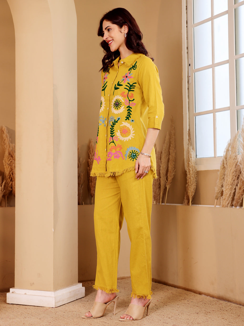 Yellow Floral Embroidered Button Down Co-Ord Set With Fringe Detail