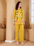 Yellow Floral Embroidered Button Down Co-Ord Set With Fringe Detail