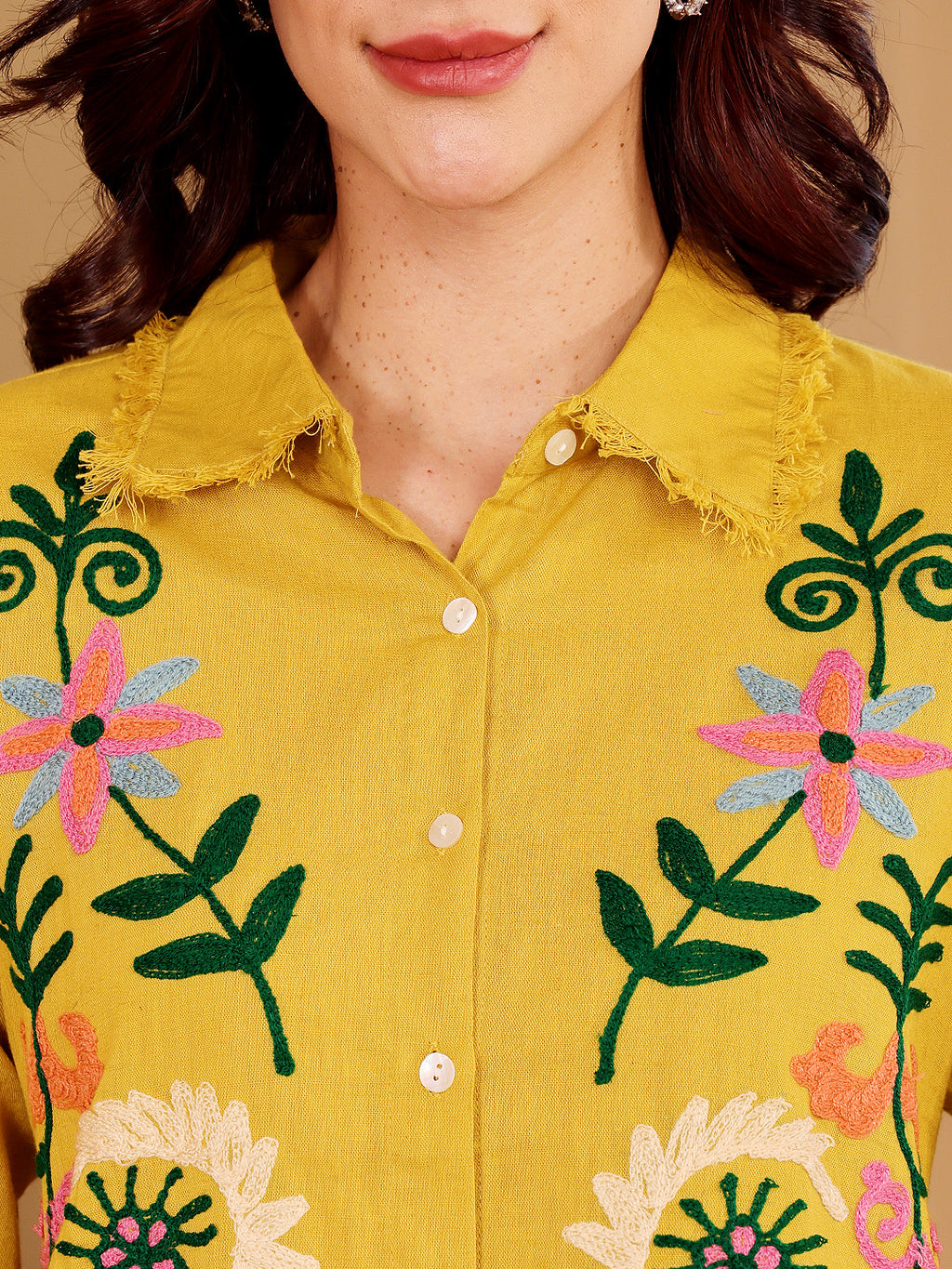 Yellow Floral Embroidered Button Down Co-Ord Set With Fringe Detail