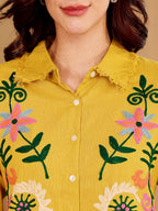 Yellow Floral Embroidered Button Down Co-Ord Set With Fringe Detail