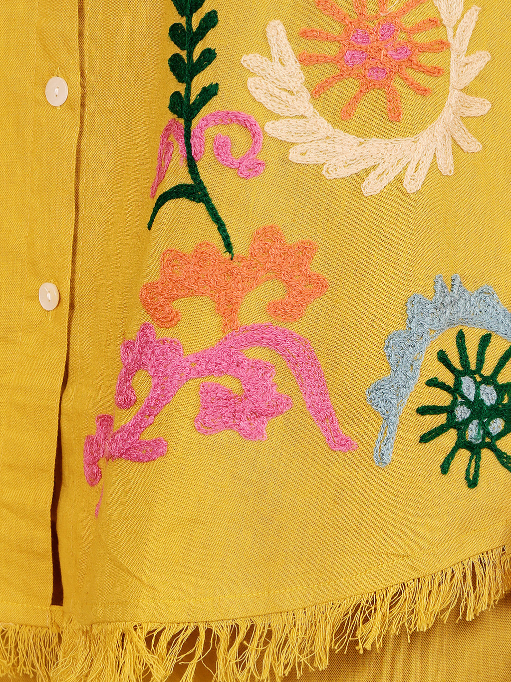 Yellow Floral Embroidered Button Down Co-Ord Set With Fringe Detail