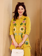 Yellow Floral Embroidered Button Down Co-Ord Set With Fringe Detail