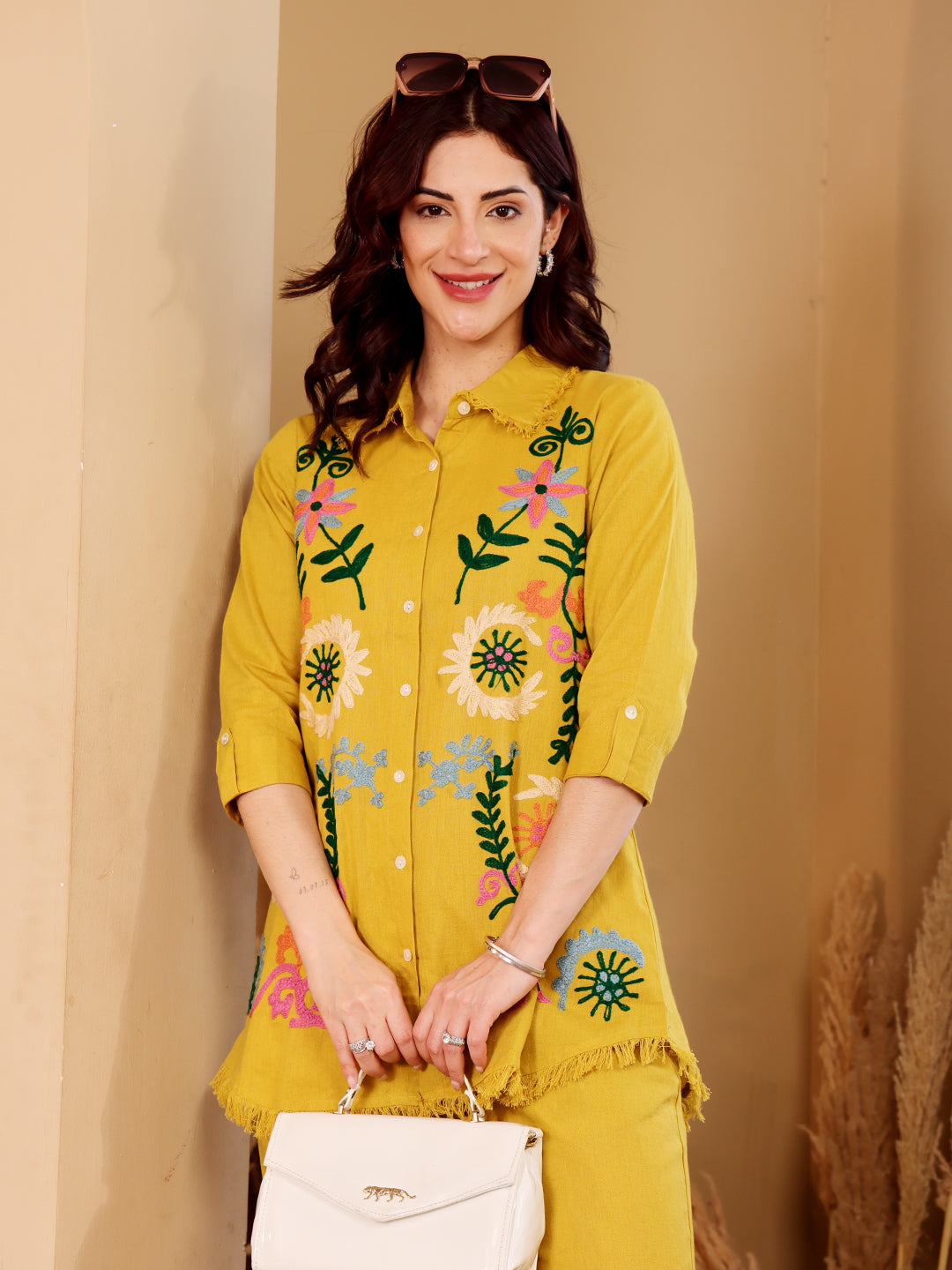 Yellow Floral Embroidered Button Down Co-Ord Set With Fringe Detail