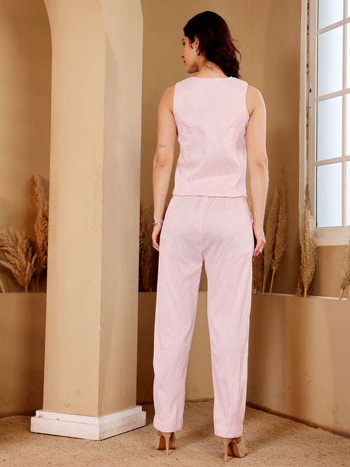 Blush Pink Pinstripe Sleeveless Co-Ord Set With Belted Trousers