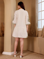 White Embroidered Short Dress With Green Paisley Motifs