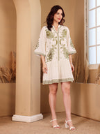 White Embroidered Short Dress With Green Paisley Motifs