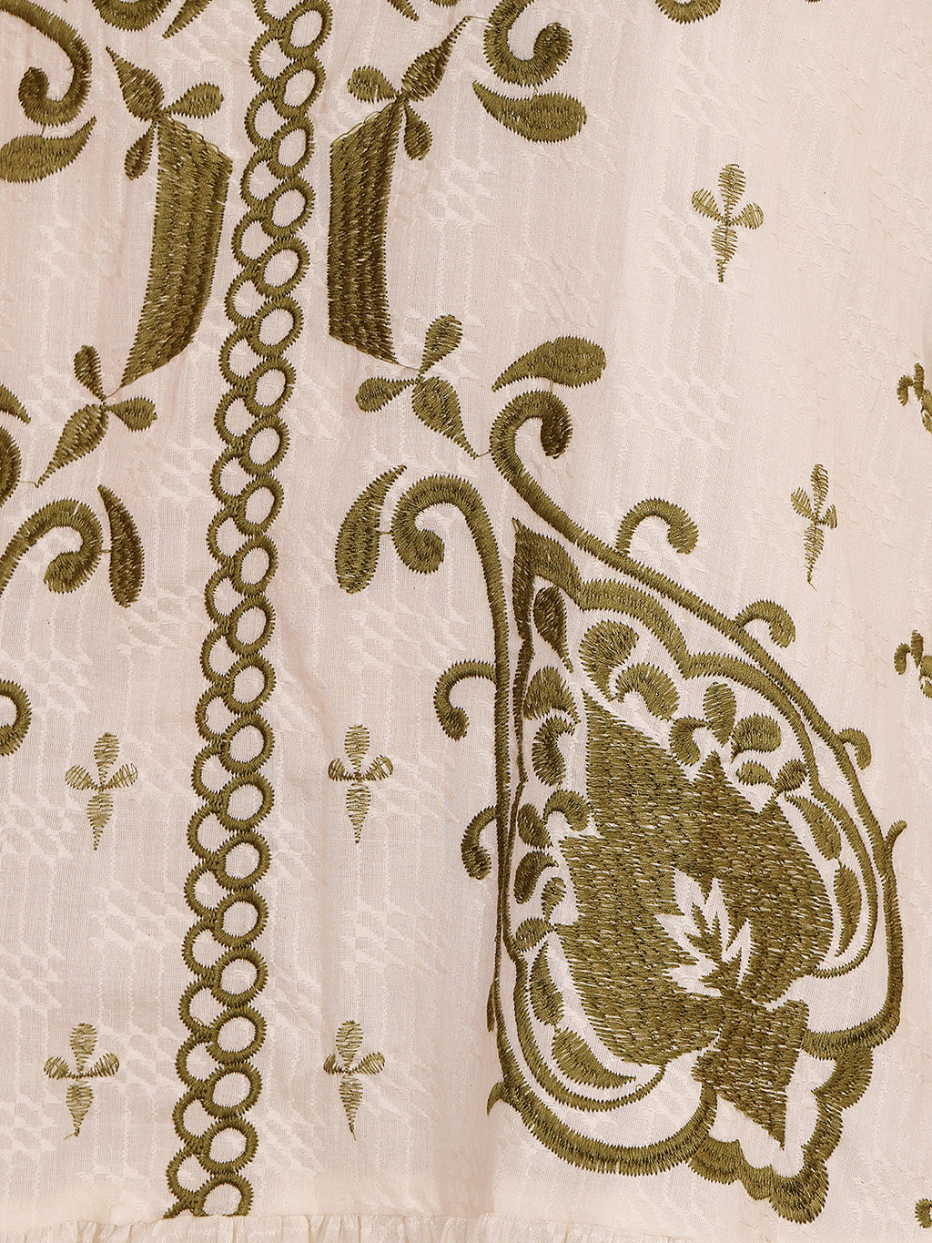 White Embroidered Short Dress With Green Paisley Motifs