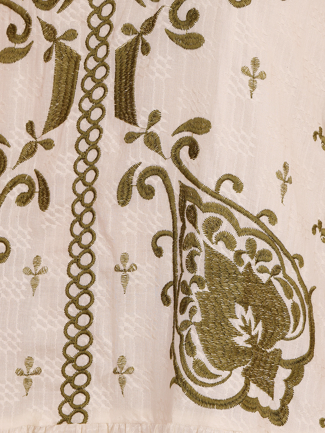 White Embroidered Short Dress With Green Paisley Motifs