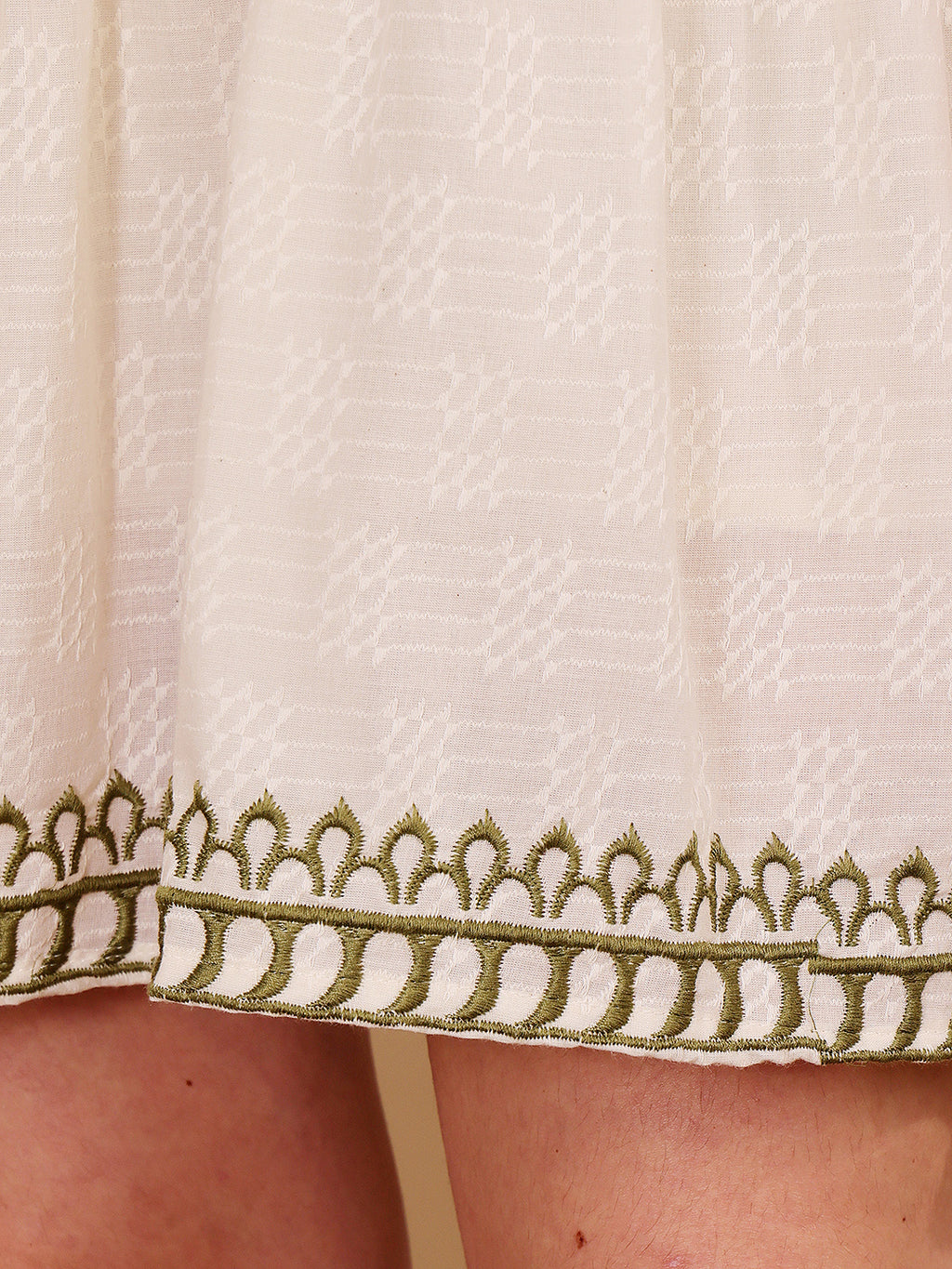 White Embroidered Short Dress With Green Paisley Motifs
