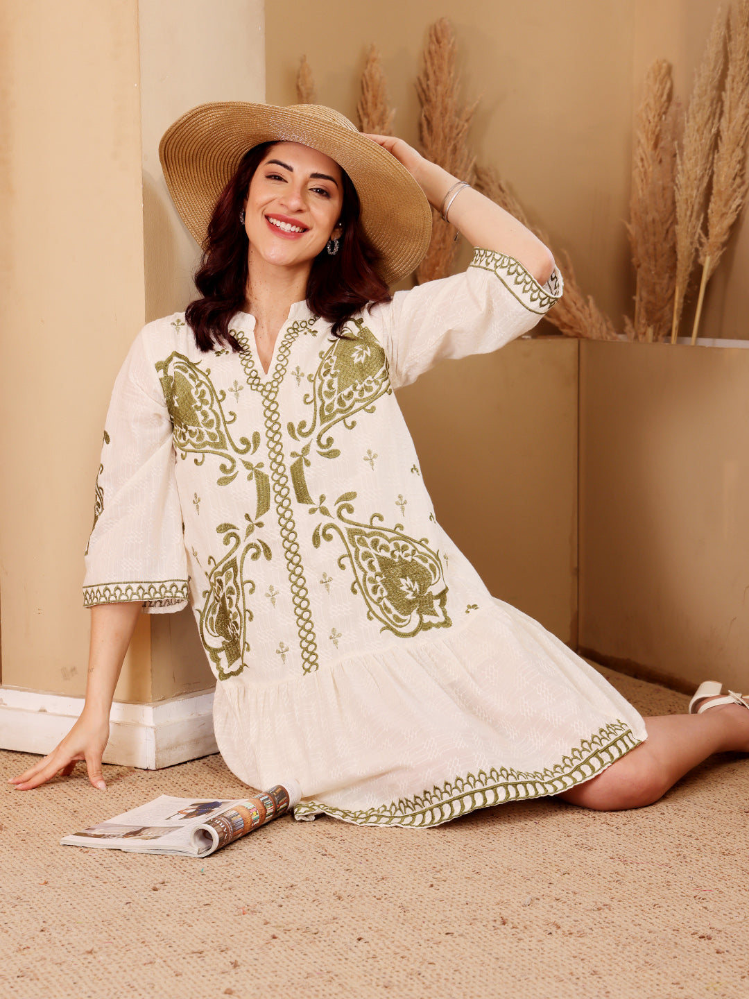 White Embroidered Short Dress With Green Paisley Motifs