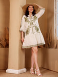 White Embroidered Short Dress With Green Paisley Motifs