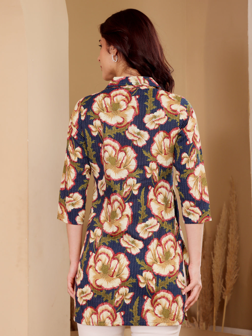 Navy Blue Floral Print Cotton Tunic Top For Women