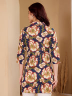 Navy Blue Floral Print Cotton Tunic Top For Women