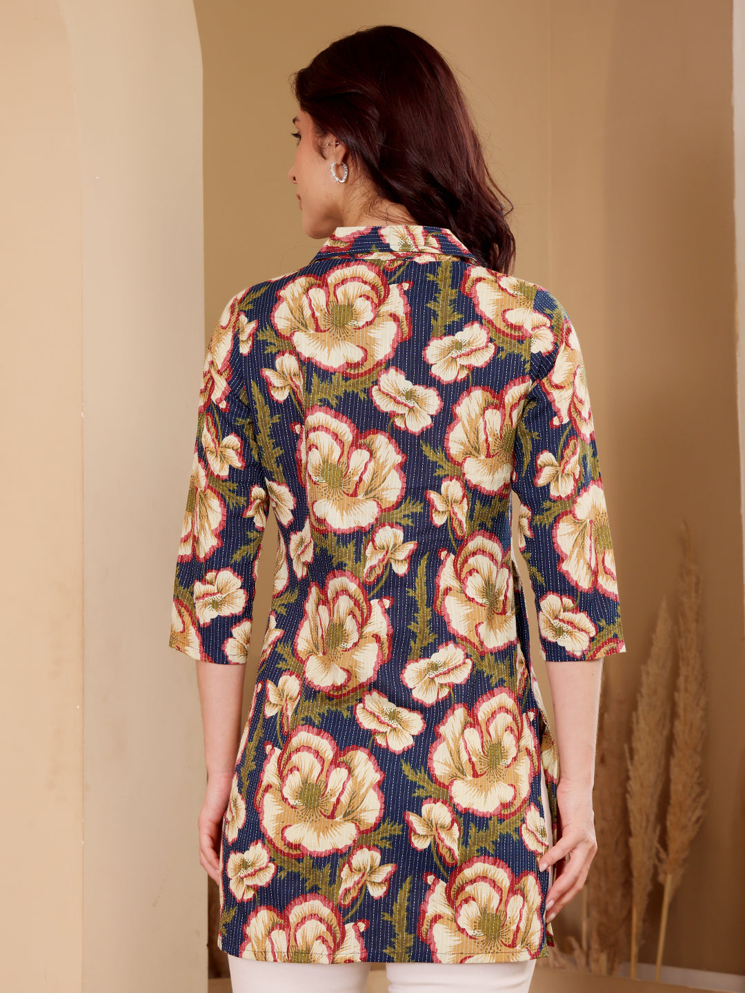 Navy Blue Floral Print Cotton Tunic Top For Women