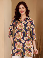 Navy Blue Floral Print Cotton Tunic Top For Women