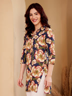 Navy Blue Floral Print Cotton Tunic Top For Women