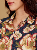 Navy Blue Floral Print Cotton Tunic Top For Women