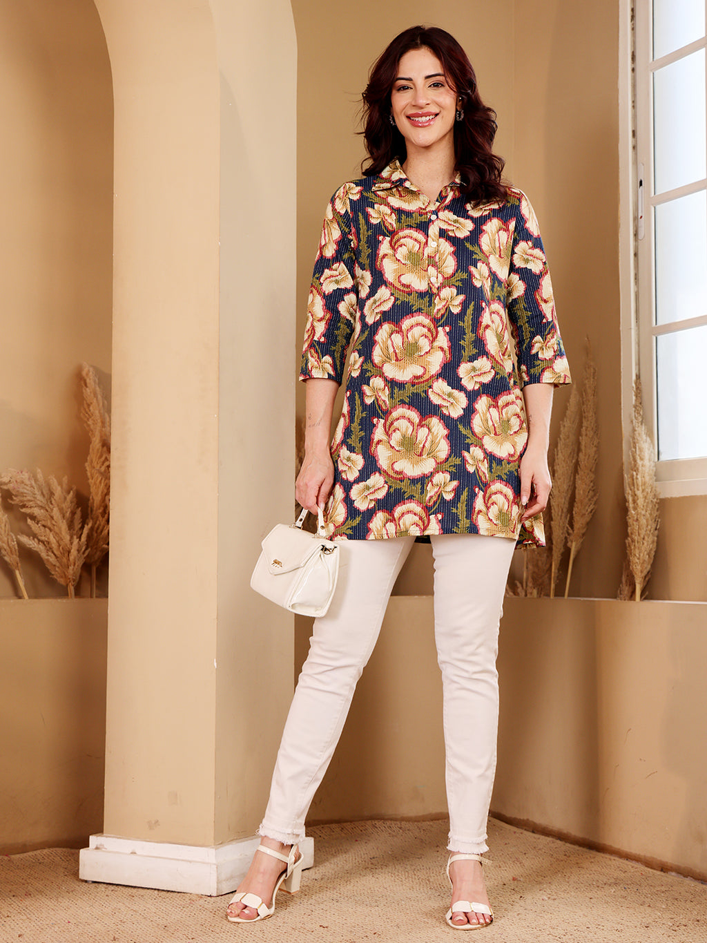 Navy Blue Floral Print Cotton Tunic Top For Women