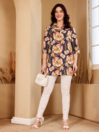 Navy Blue Floral Print Cotton Tunic Top For Women