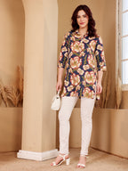 Navy Blue Floral Print Cotton Tunic Top For Women