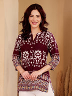 Purple Ikat Print Cotton Tunic For Women