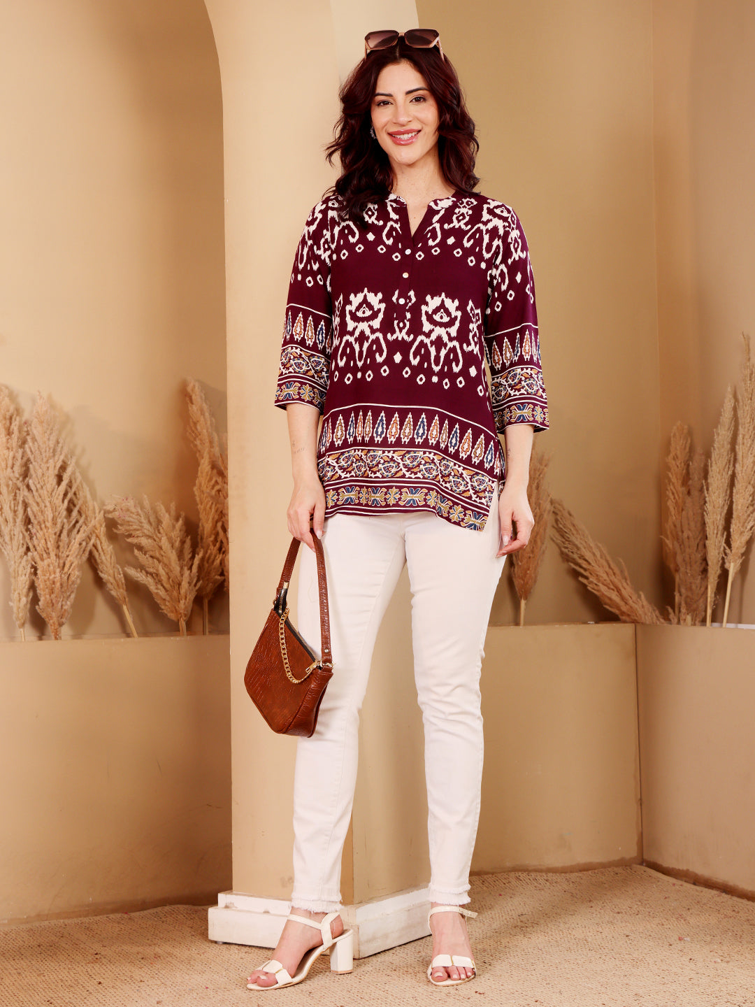 Purple Ikat Print Cotton Tunic For Women