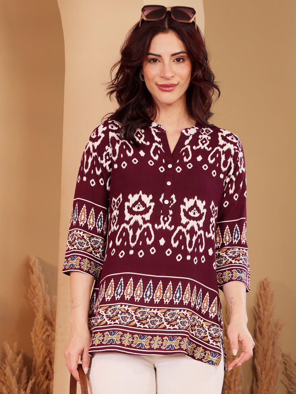 Purple Ikat Print Cotton Tunic For Women