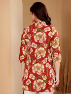 Red Floral Print Shirt With Kantha Stitch Detail For Women