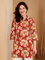 Red Floral Print Shirt With Kantha Stitch Detail For Women