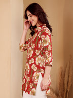 Red Floral Print Shirt With Kantha Stitch Detail For Women