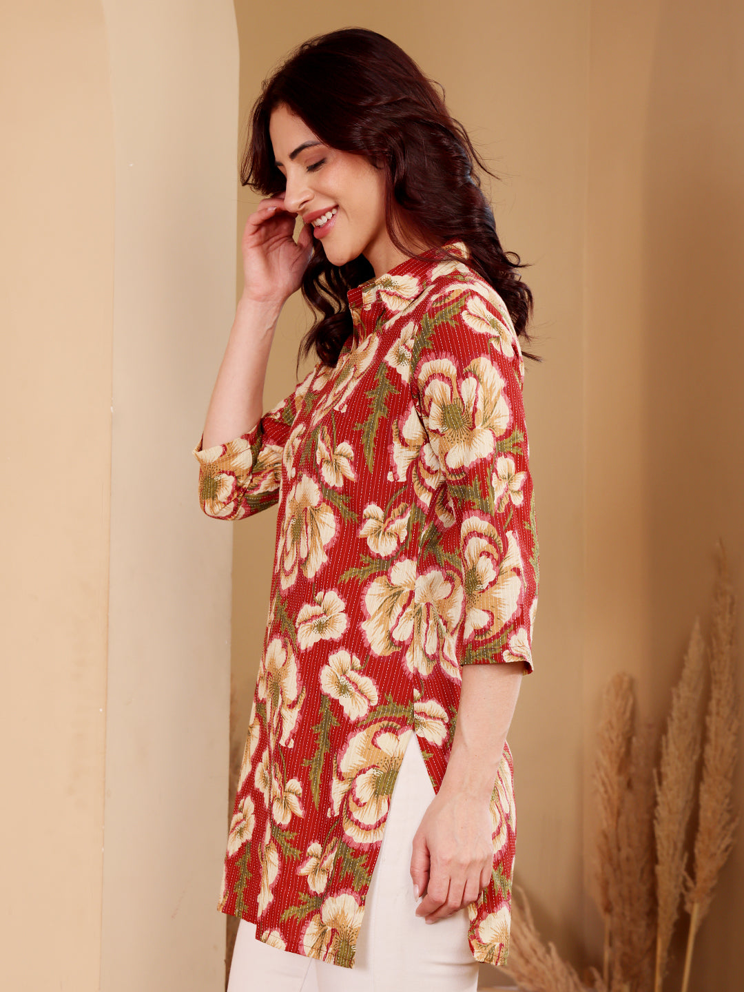 Red Floral Print Shirt With Kantha Stitch Detail For Women