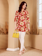 Red Floral Print Shirt With Kantha Stitch Detail For Women