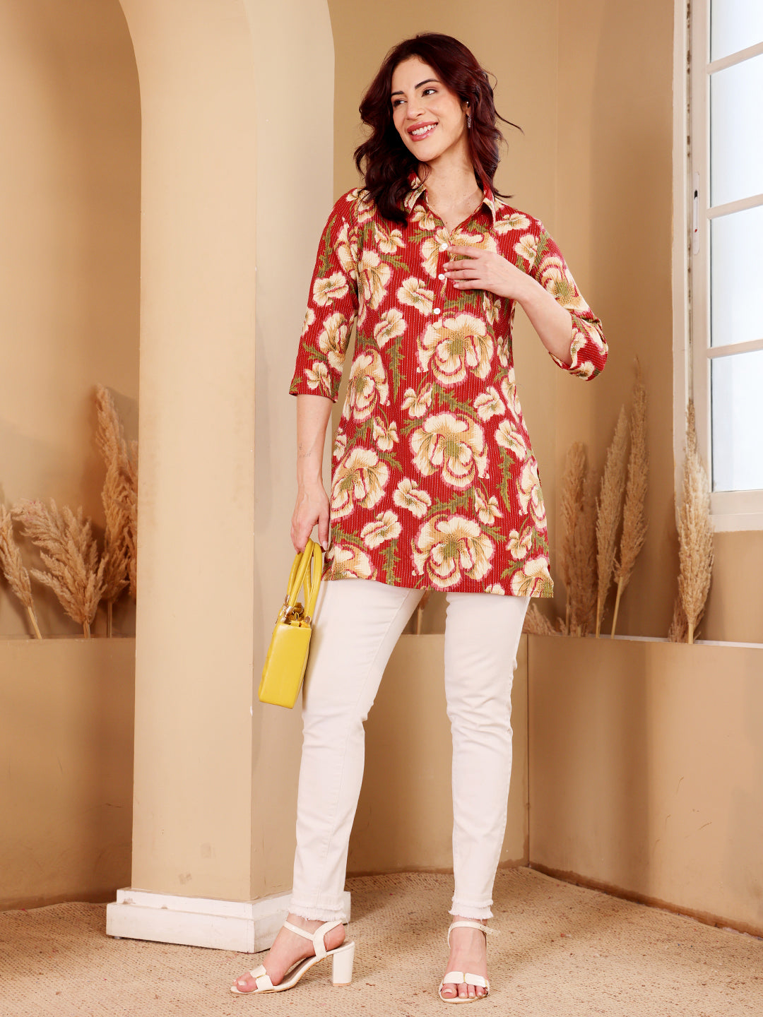 Red Floral Print Shirt With Kantha Stitch Detail For Women
