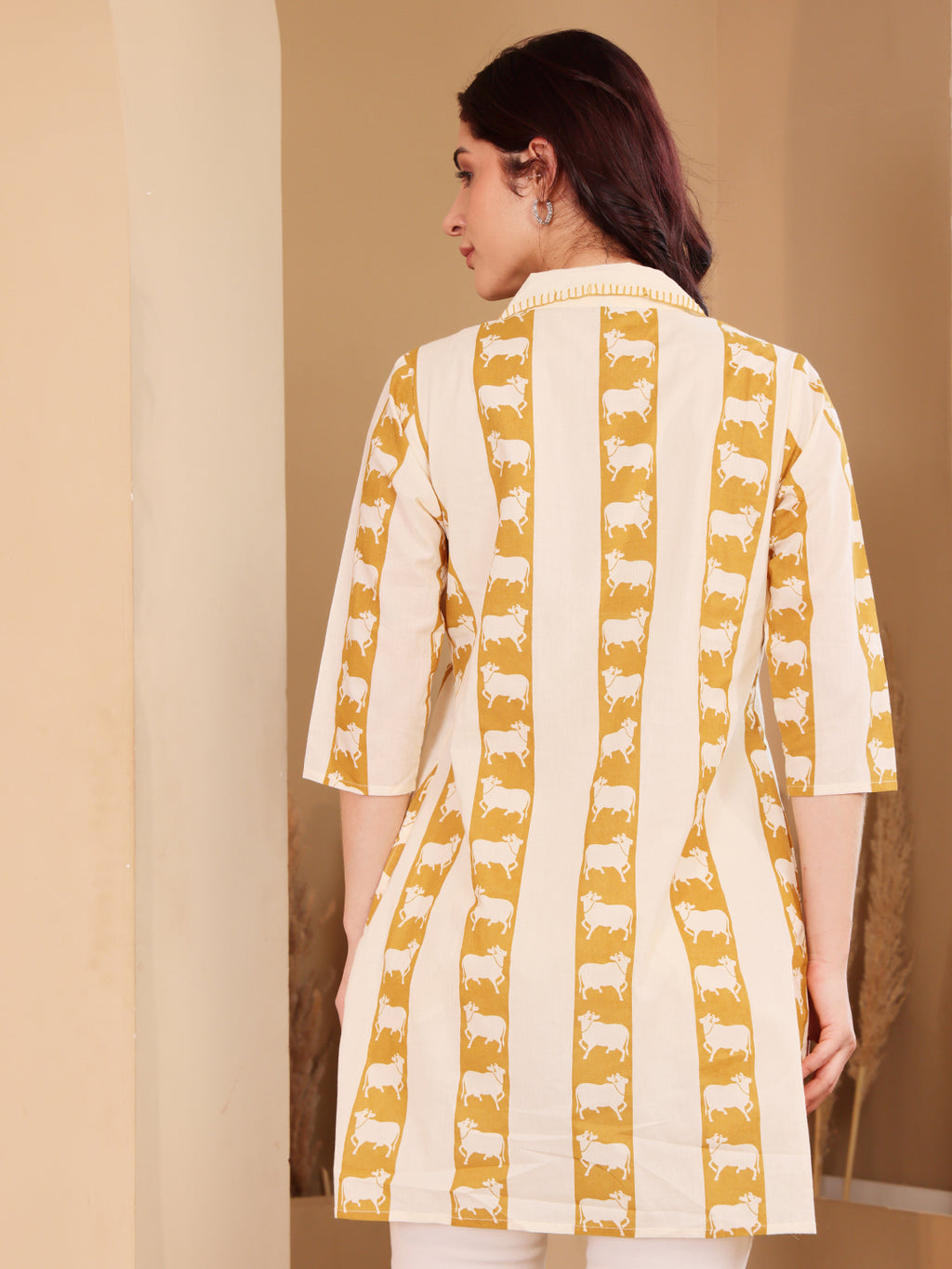 Women's Cotton Tunic With Cow Print Mustard Yellow & Off White