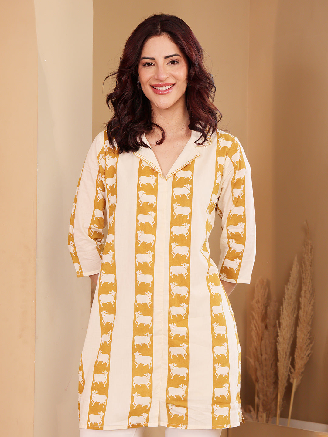 Women's Cotton Tunic With Cow Print Mustard Yellow & Off White
