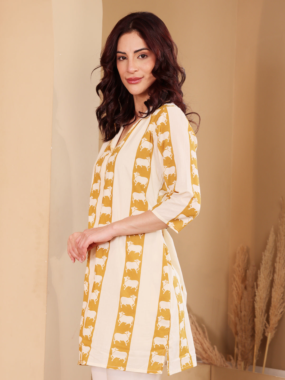 Women's Cotton Tunic With Cow Print Mustard Yellow & Off White