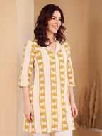 Women's Cotton Tunic With Cow Print Mustard Yellow & Off White