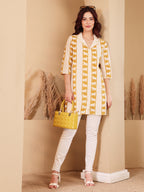 Women's Cotton Tunic With Cow Print Mustard Yellow & Off White