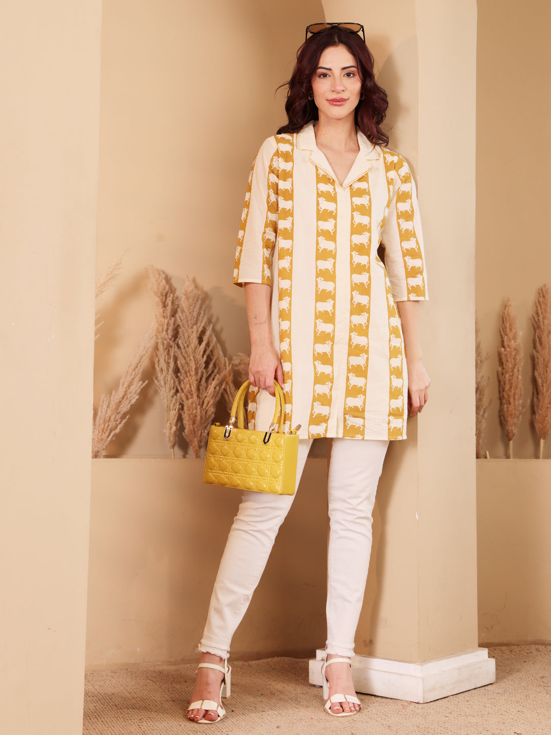 Women's Cotton Tunic With Cow Print Mustard Yellow & Off White