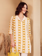 Women's Cotton Tunic With Cow Print Mustard Yellow & Off White