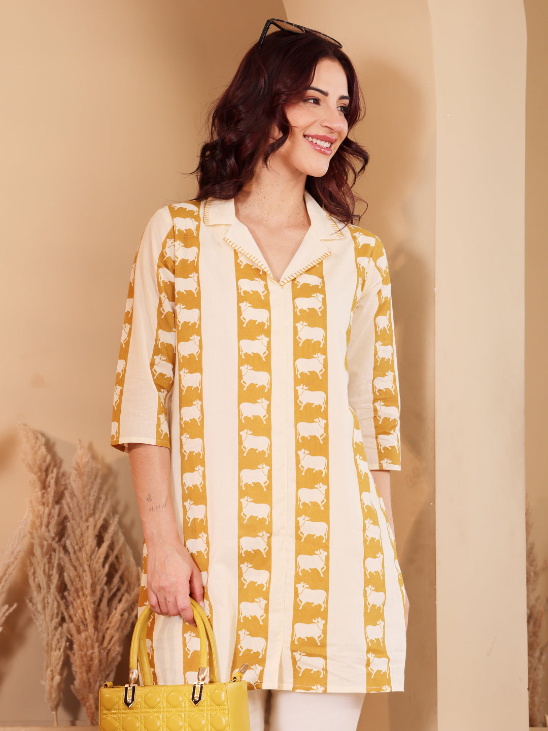 Women's Cotton Tunic With Cow Print Mustard Yellow & Off White