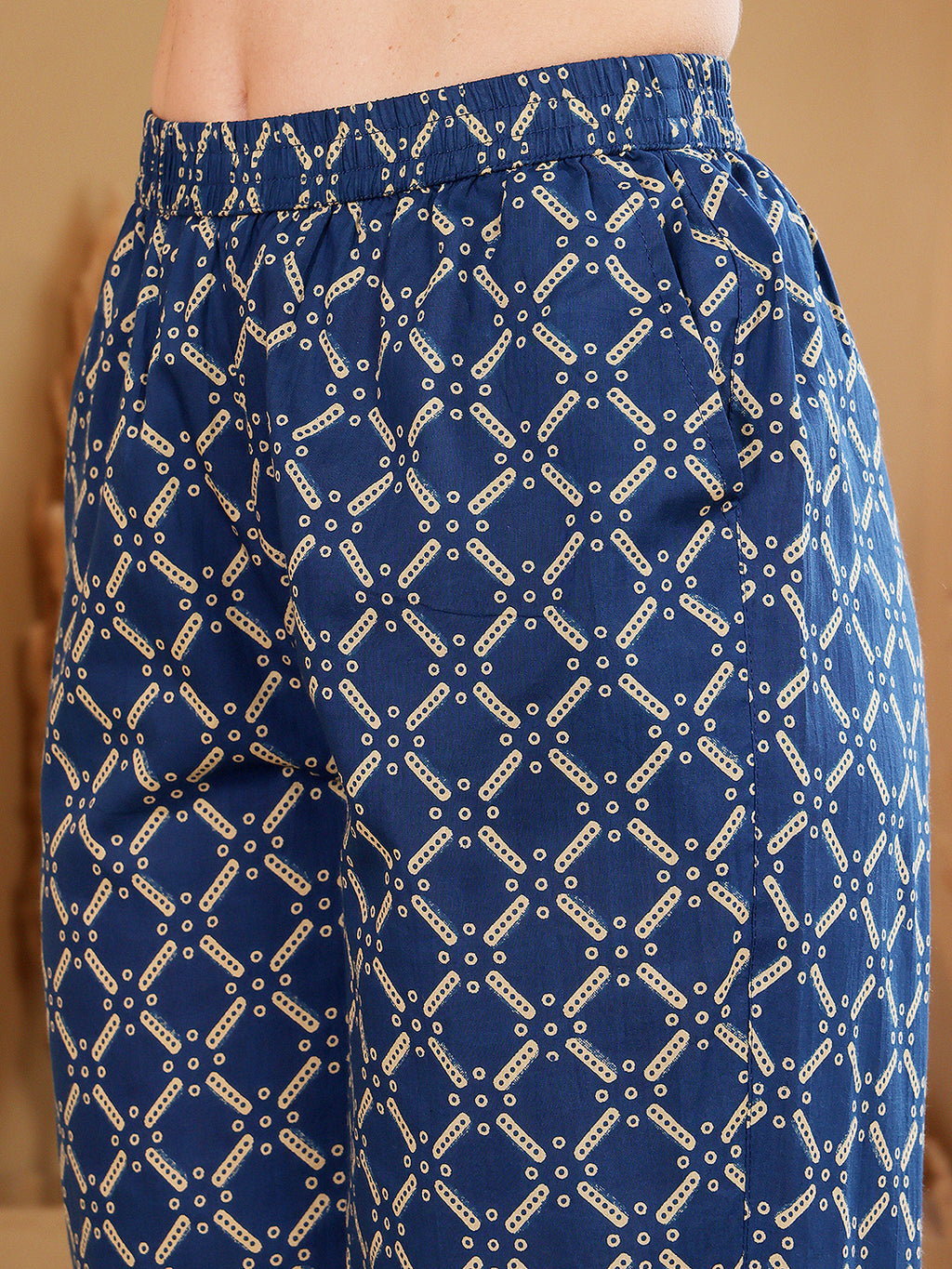 Navy Blue Floral Printed Co-Ord Set With Contrast Geometric Pants