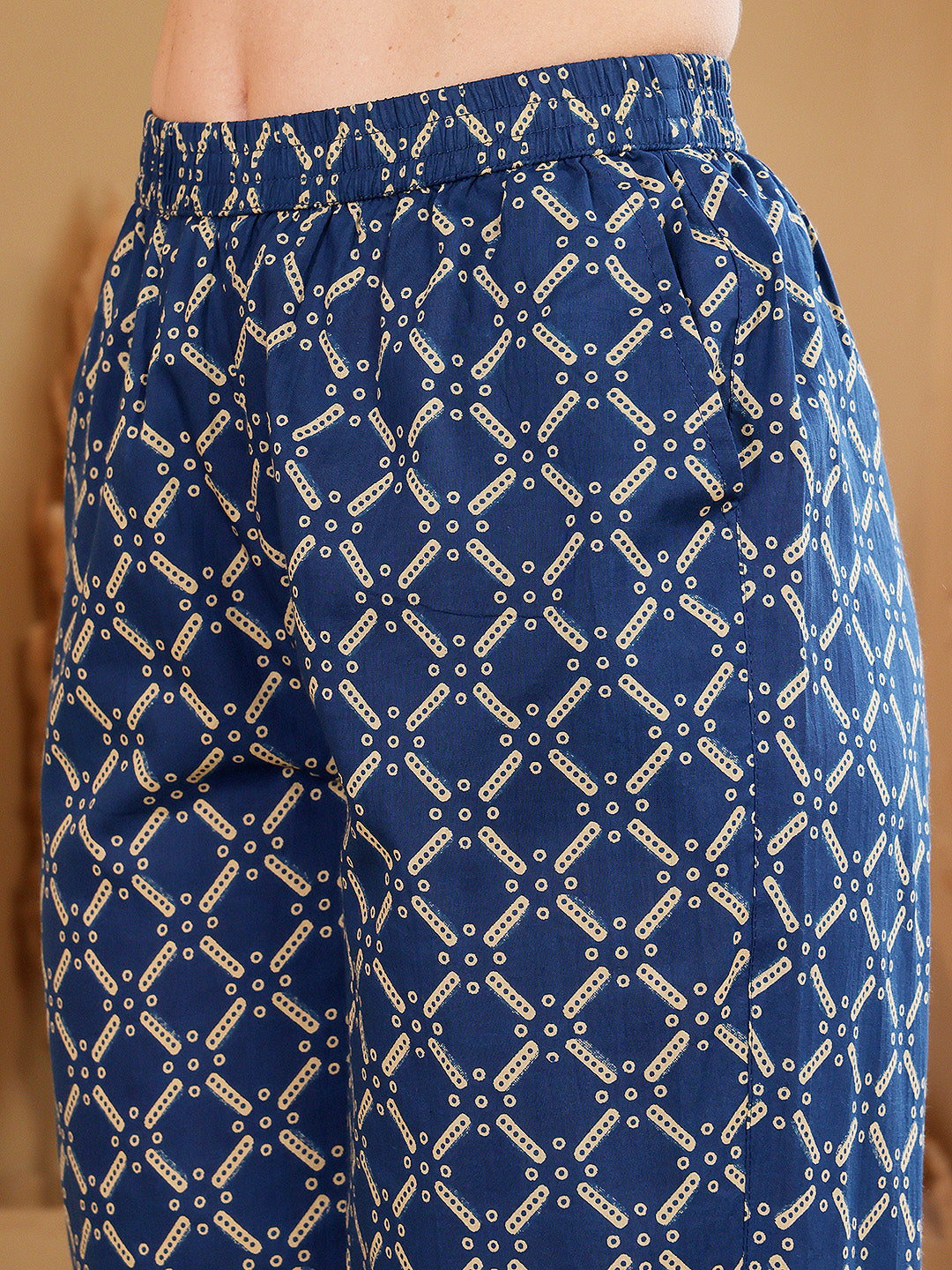 Navy Blue Floral Printed Co-Ord Set With Contrast Geometric Pants